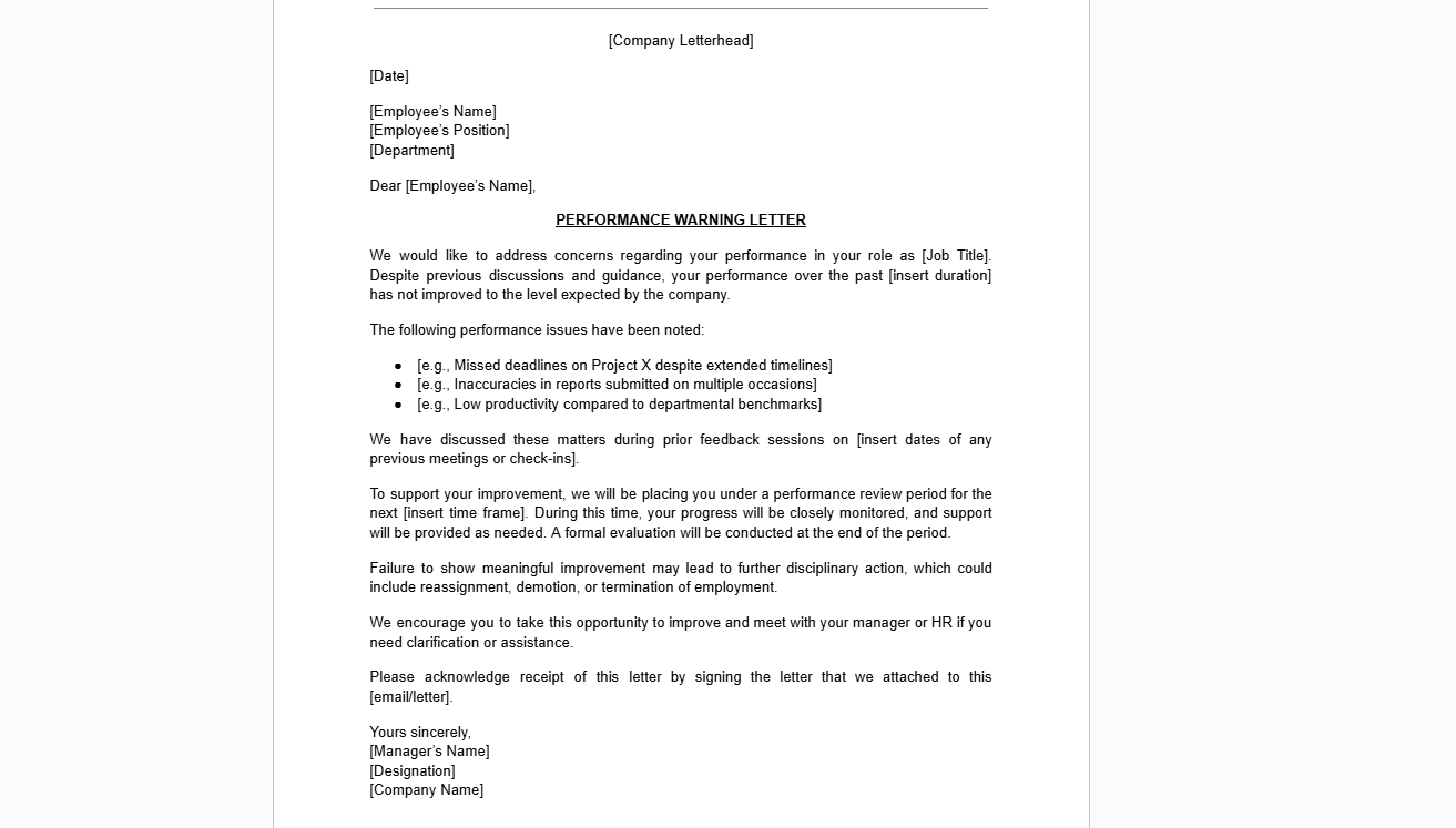 Warning Letter – Non-Performance Template